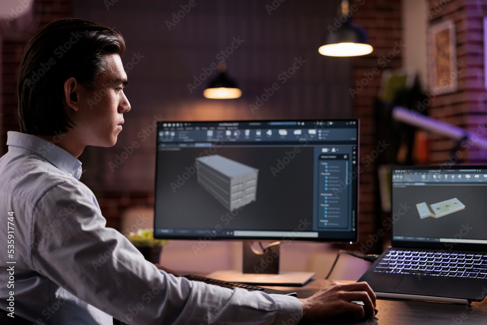 Poster cad developer working on industrial manufacture of technical engine product with infographics interf