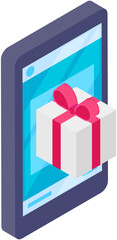 Gift wraps on box with bow in smartphone screen. Packagings wrapped around presents. Gifts for holidays online order with phone and delivery. Holiday gift in bright packaging decorated with bow