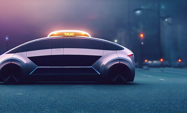 Concept Generic Automated Self Driving Taxi Design In Electric Futuristic Neon Style With Copy Space At Night, Mixed Digital 3d Illustration And Matte Painting.	