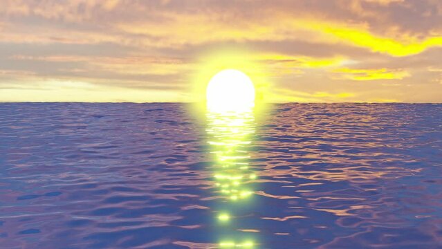 3D render of sunrise with sky with yellowish clouds and calm sea with little waves