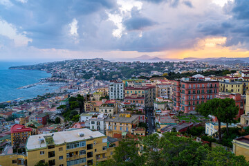View of Naples Italy at Sunset from Castle Sant'Elmo looking west towards the sea