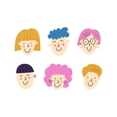 Vector illustration with colorful smiling people faces isolated on white background.