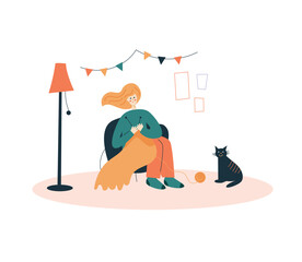 Vector flat illustration with young woman knitting at home. 
