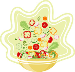 A yellow plate of salad and cucumbers, tomatoes, onions, lettuce, bell peppers and carrots falling into it in a bowl. Vector isolated illustration on a light green background.