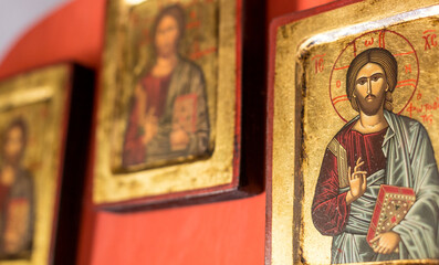 Religious icons and paintings inside an Orthodox curch in Greece