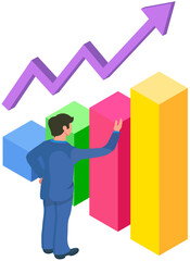 Analytics information and development statistics. Web analysis measure, product testing technology. Man analyses dashboard seo optimization, digital report. Statistical indicators and data on diagram