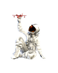 The astronaut sitting on the ground holds a small airplane in his hand, isolated on transparent background. 3D illustration