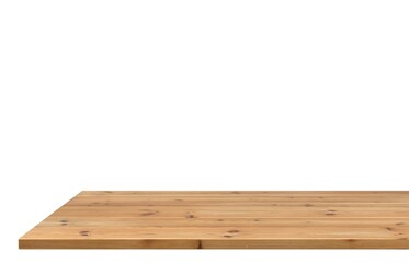 Natural board, countertop on a white background for product photo. Pine surface. 3d rendering.