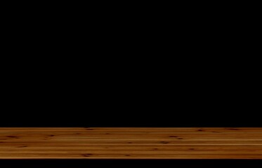 Dark natural board, tabletop on a black background. Pine wood surface. 3d rendering.
