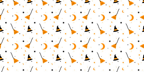 Halloween pattern star, month, broom, witch's broom, hat, witch's hat