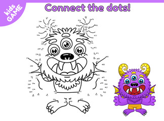 Connect the dots and draw a cute cartoon monster. Worksheets for children. Educational game for toddlers, preschoolers, kindergarten. Vector illustration.