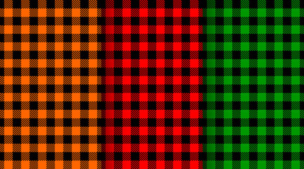 Set of gingham seamless patterns. Halloween or Thanksgiving day background, Christmas buffalo plaid, checkered lumberjack texture. Design for flannel shirt, picnic blanket, kitchen napkin, tweed coat