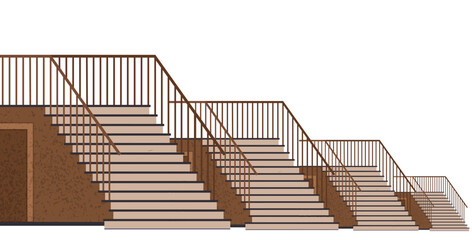 Interior design scene with stairs and door. Staircase at entrance to house. Corridor or hall of building with stairs. Staircase with railings and stairway, architecture of building vector illustration