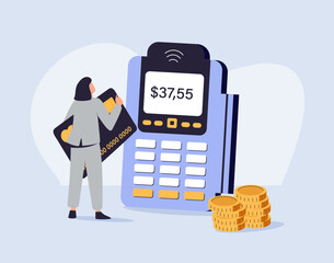 Pay by credit card via electronic wallet wirelessly on phone. New mobile banking app and e-payment vector illustration.