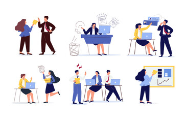 Business people Marketing illustrations. Mega set. Collection of scenes with men and women taking part in business