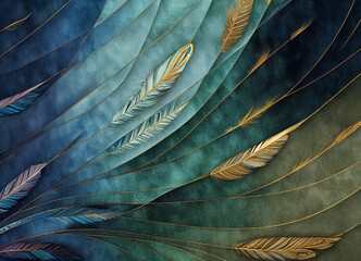 Feathers, artistic background with texture, blue and green colour tones, gradients, golden accent.  Created with generative ai technology