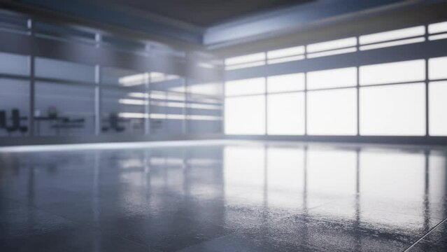 empty office space with large window, glass walls and  background at sunrise with open clean room to work. 3D Rendering