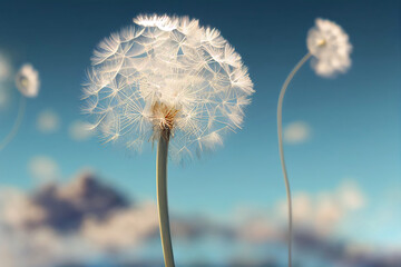 Schöne geschwollene Löwenzahn und fliegende Samen gegen den blauen Himmel an sonnigen Tagen. © Viks_jin