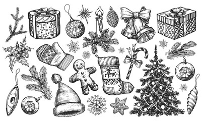 Christmas concept. Design elements hand drawn in sketchy vintage style. Holiday decorations engraving vector © ~ Bitter ~