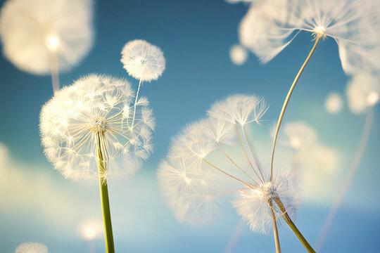 Beautiful puffy dandelions and flying seeds against blue sky on sunny day. 