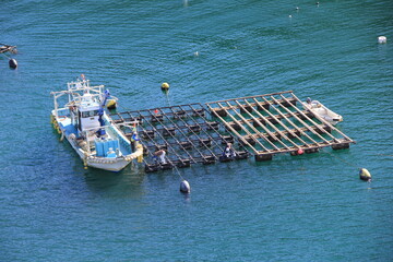 海上の漁船と牡蠣棚