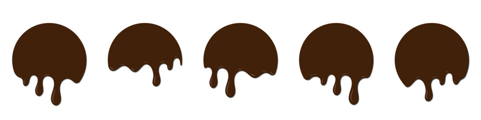 Set of chocolate drops. Dripping melted chocolate. Realistic melted chocolate. Chocolate drops. Melting Chocolate. Brown liquid dessert, sweet drip melt. Vector illustration