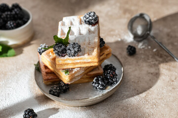 Stack of homemade belgium waffles close up with blackberry and powdered sugar on the kitchen table. Morning breakfast concept