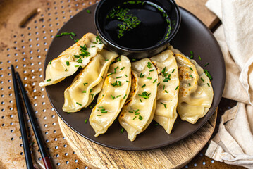 Homemade fried Asian potsticker dumpling appetizer. Gyzo Asian Pork Potstickers with Soy Sauce. Dumplings on a plate.