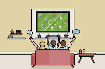 Pixel art fans watching football on tv in living room 8bit background of people watching soccer world cup