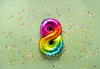 Colorful balloon number 8 on light green background. New Year of birthday concept © Katecat