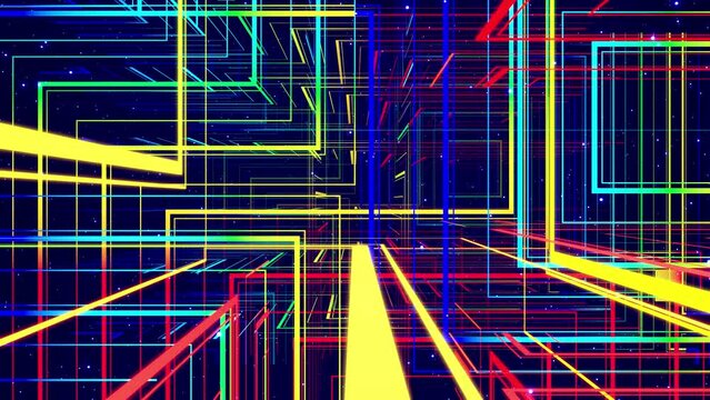 Motion graphic, camera fly throungh abstract art space, multilayer structure with pattern and particles. Glow rectangles, streaks and lines. Rainbow gradient color. Motion design vj loop. 3d structure