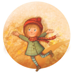 Beautiful with colorful girl running autumn forest on gold background