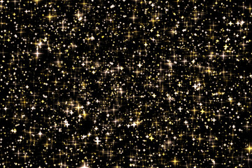 Golden holiday glitter and sparkling overlay, stars and magic glow texture on black background,...