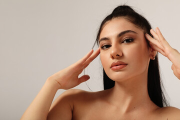 Naklejka premium Young woman looking at the camera. Mental health. Horizontal mock-up.