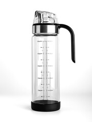 Empty bottle with dispenser and measuring ruler. Automatic flip dispenser for household liquids, olive oil, sunflower oil. Object on white background