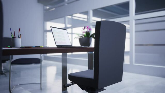 Creative designer desk with empty laptop screen and supplies in modern office. Mock up, 3D Rendering