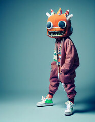 Full body Portrait of a Cute little Monster animal human figure Posing at a photoshoot wearing stylish vintage Hiphop clothes with a colored background