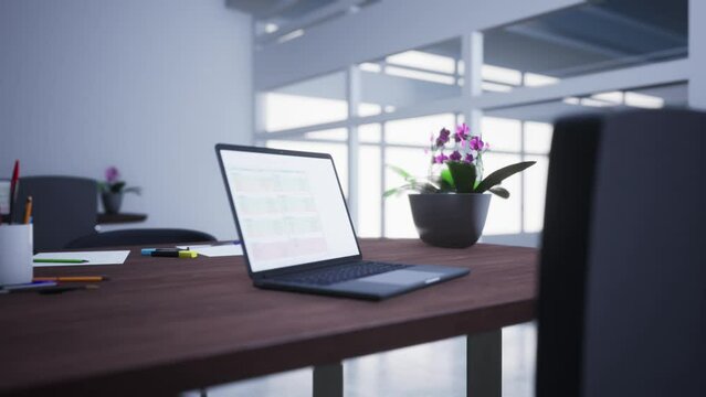 Creative designer desk with empty laptop screen and supplies in modern office. Mock up, 3D Rendering