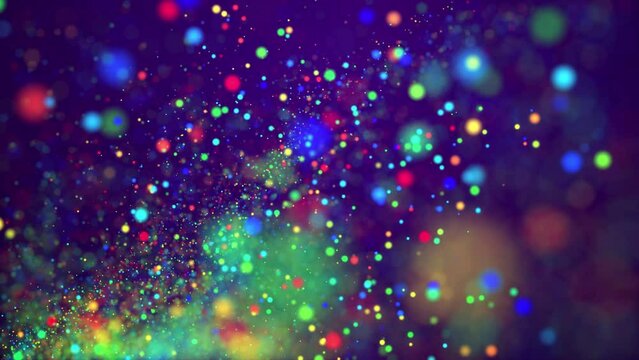 Awesome bg with magic particles fly in air, bokeh effects, DOF. Glowing multi-colored particles circle underwater smoothly forming beautiful cloud and light effect. Luma matte as alpha channel. Purple