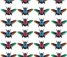 Colorful red blue bumblebee background, seamless exotic pattern, nature concept, entomology insects	