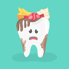 Cute tooth characters feel bad in flat style. unhealthy teeth plaque and caries holes with colorful candy. Illustration for children. dental and dentistry concept.