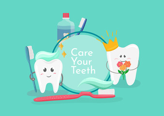 Care your teeth banner. Poster with cute smiling cartoon teeth. Stomatology, dental concept. Flat style cartoon character illustration. Dental kids care banner. Care your teeth