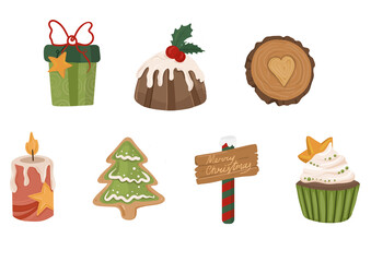 Cartoon Christmas set illustration. Gift, candle and cake elements