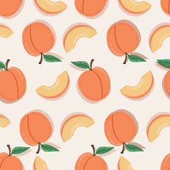 Peach fruit seamless pattern. Peach in cartoon style repeated backdrop. Whole fruit and cut half. Food template for background, textile, wrapping paper, wallpaper