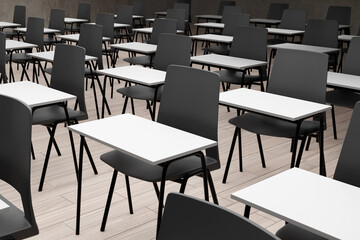 Rows of desks and chairs in an adult training classroom. Illustration of the concept of lifelong learning education