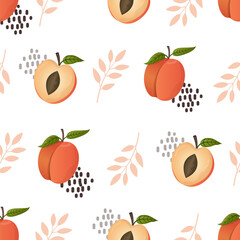 Peach fruit and plants seamless pattern. Peach in cartoon style repeated backdrop. Whole fruit and cut half. Food template for background, textile, wrapping paper, wallpaper. Vector illustration