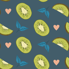 Kiwi fruit and plants seamless pattern. Kiwi in cartoon style repeated backdrop. Whole fruit and cut half. Food template for background, textile, wrapping paper, wallpaper. Vector illustration