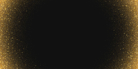 Golden glitter background, shiny stardust, flying shimmer, magic particles on a dark backdrop with copy space for text. Vector illustration.