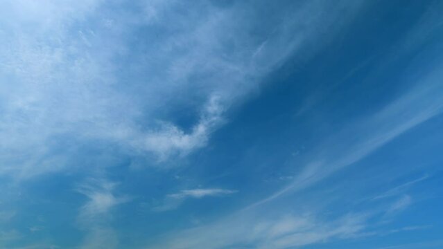 Delicate cirrus clouds in sky in august. Natural background texture taken on sunny day. Timelapse.