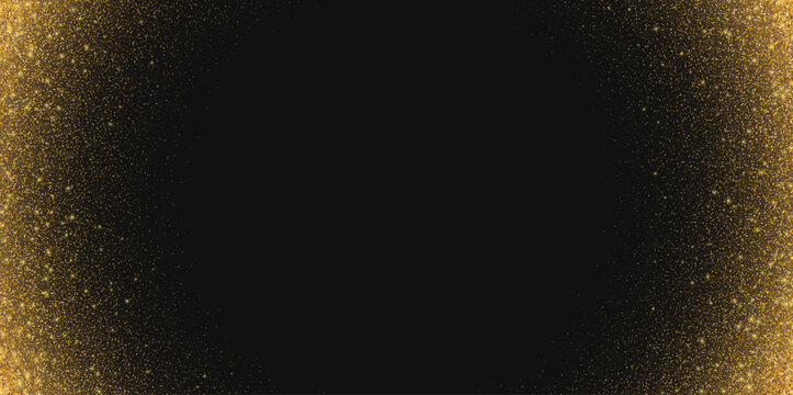 Golden glitter background, shiny stardust, flying shimmer, magic particles on a dark backdrop with copy space for text. Vector illustration.
